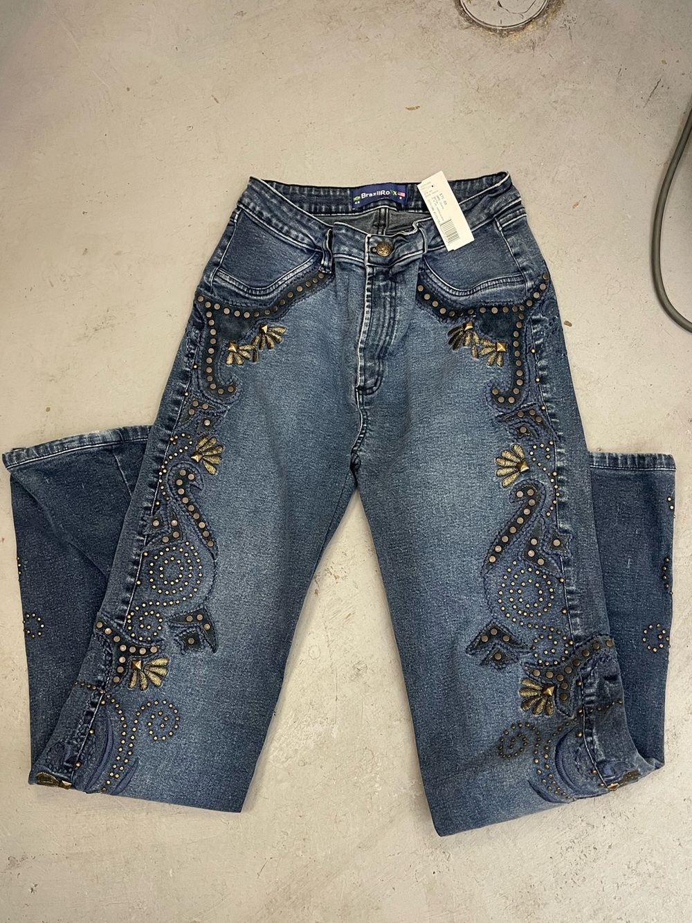 Embellished Blue Boot Cut Jeans with Decorative Studs